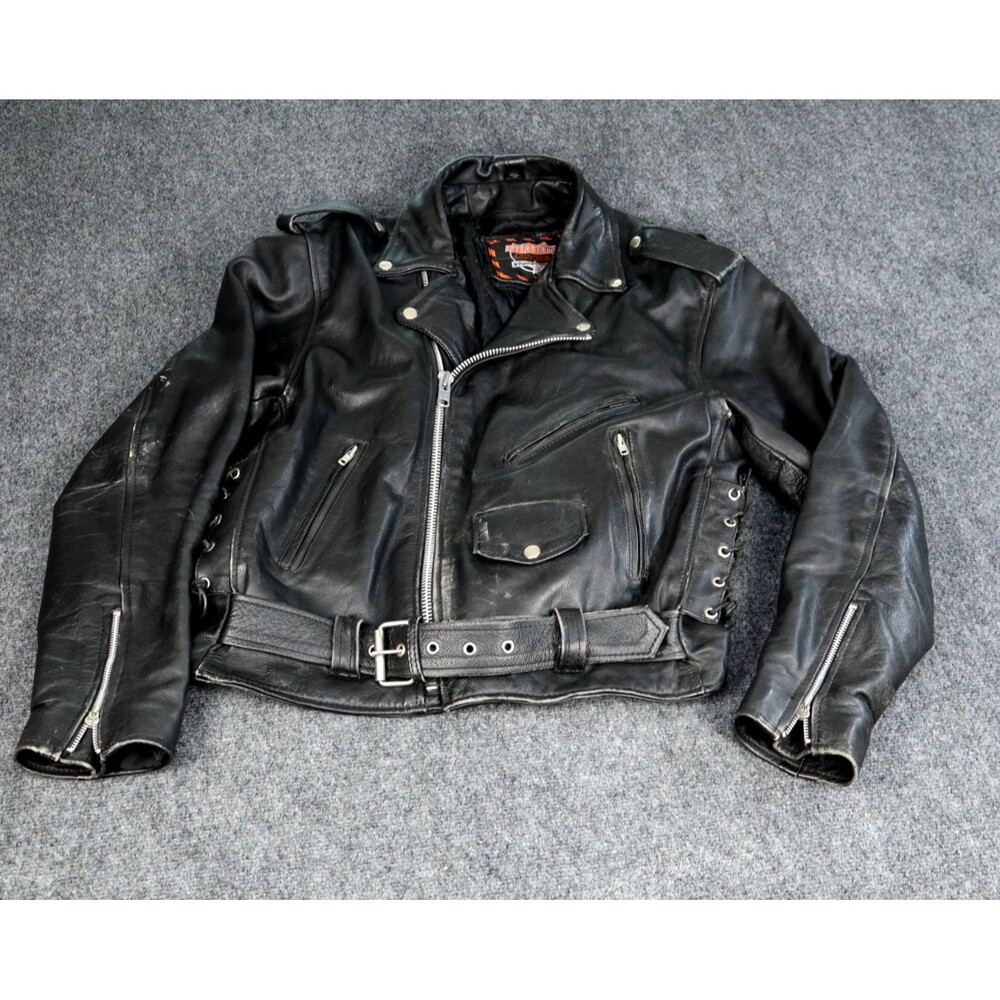 Interstate Leather Heavyweight Biker Jacket Side Lace Asymmetrical Zip Size 44